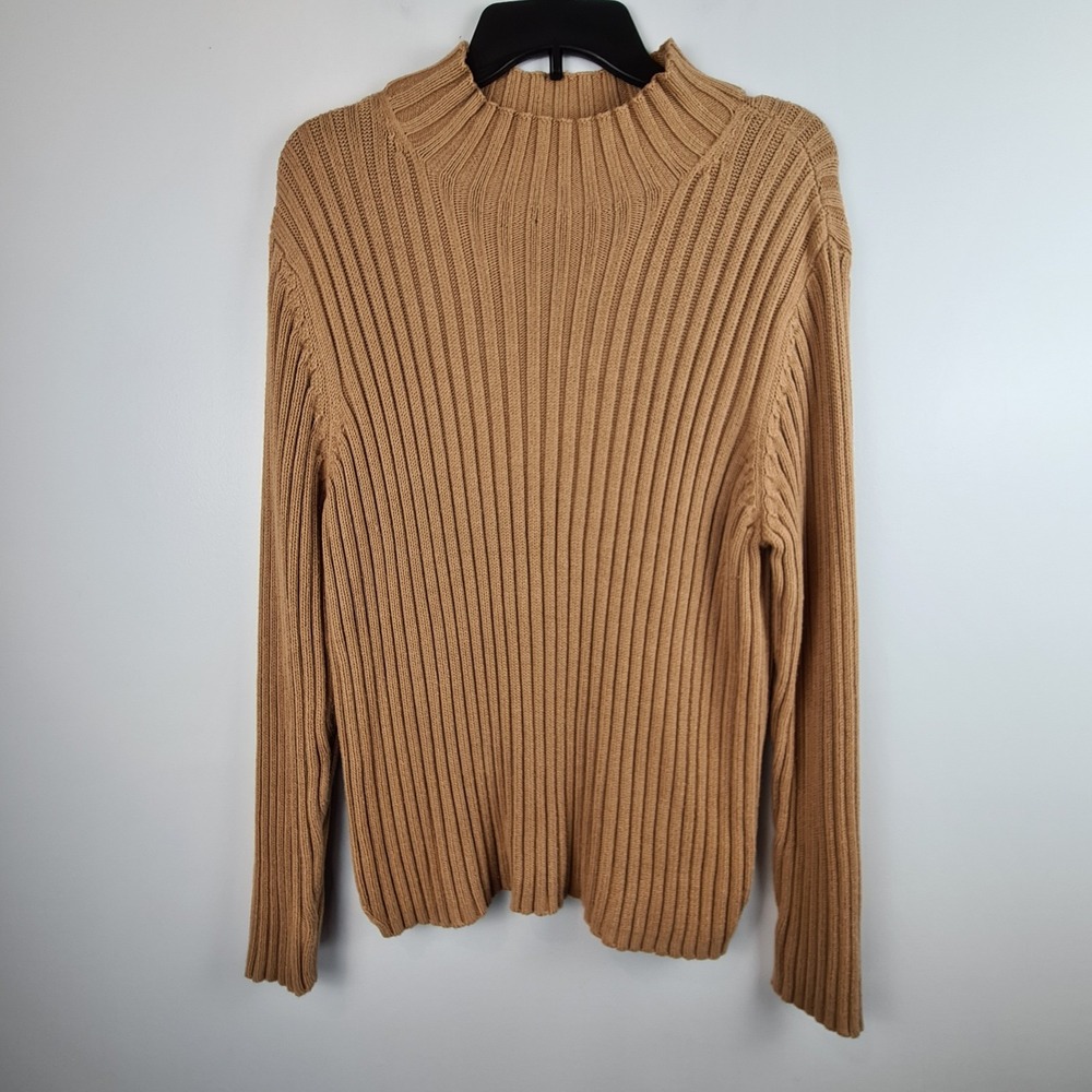 JOSEPHINE CHAUS Sport Ribbed Sweater Women's XL Tan Stretch Mock Neck‎ Basic